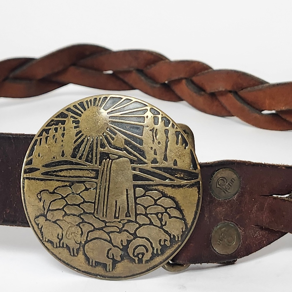 Vintage 70s Braided Leather Belt Shepherd with Sheep Brass Buckle Brown Small